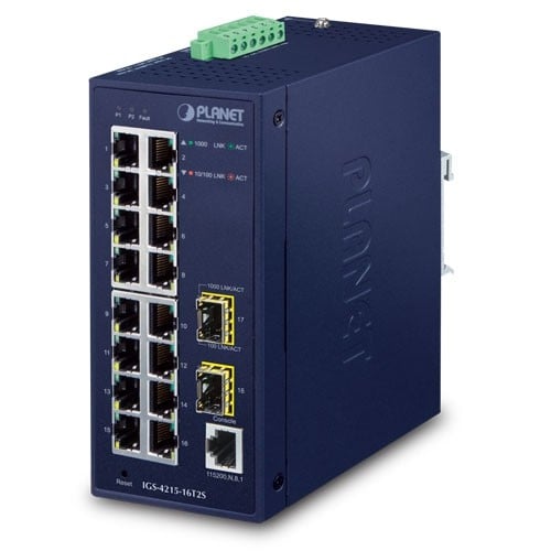 Planet IGS-4215-16T2S IP30 Industrial L2/L4 16-Port 10/100/1000T + 2-Port 100/1000X SFP Managed Switch (-40~75 degrees C, dual redundant power input on 12~48VDC
