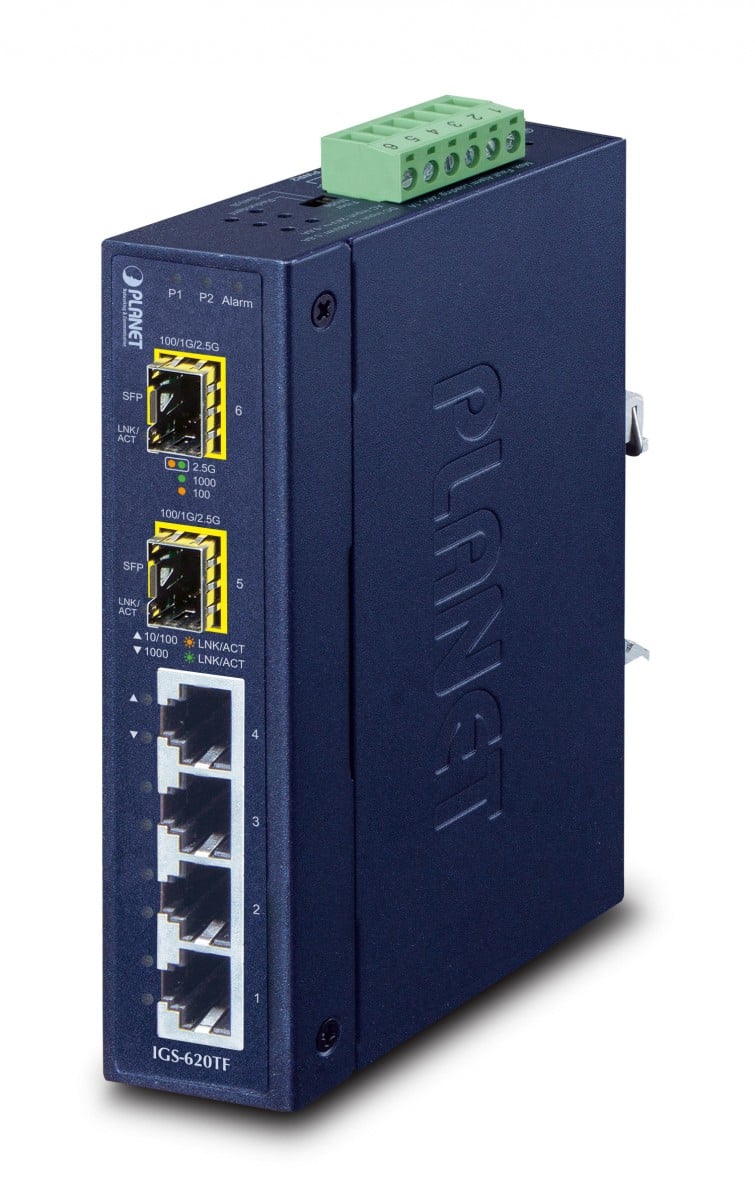 Planet IGS-620TF IP30 Industrial 4-Port 10/100/1000T + 2-Port 100/1000/2500X SFP Gigabit Switch (-40 to 75 degree C, dual 12~48V DC/24V AC, Fiber ports Switch/R
