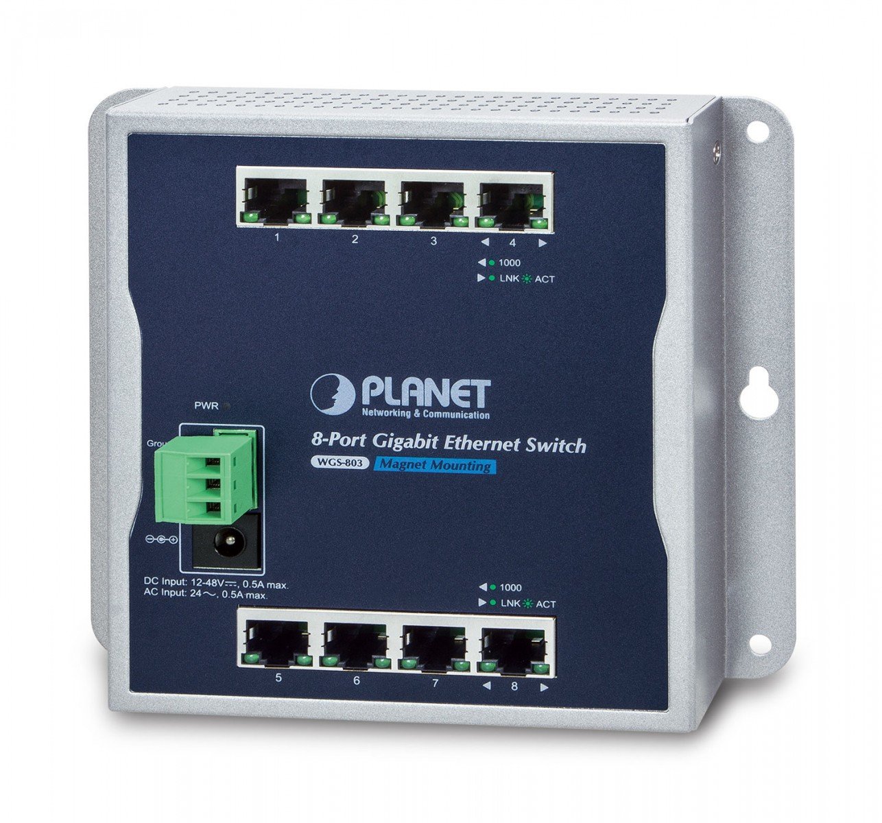 Planet WGS-803 IP30 8-Port Gigabit Wall-mount Switch (-10 to 60 C), dual redundant power input on 12-48VDC terminal block and power jack