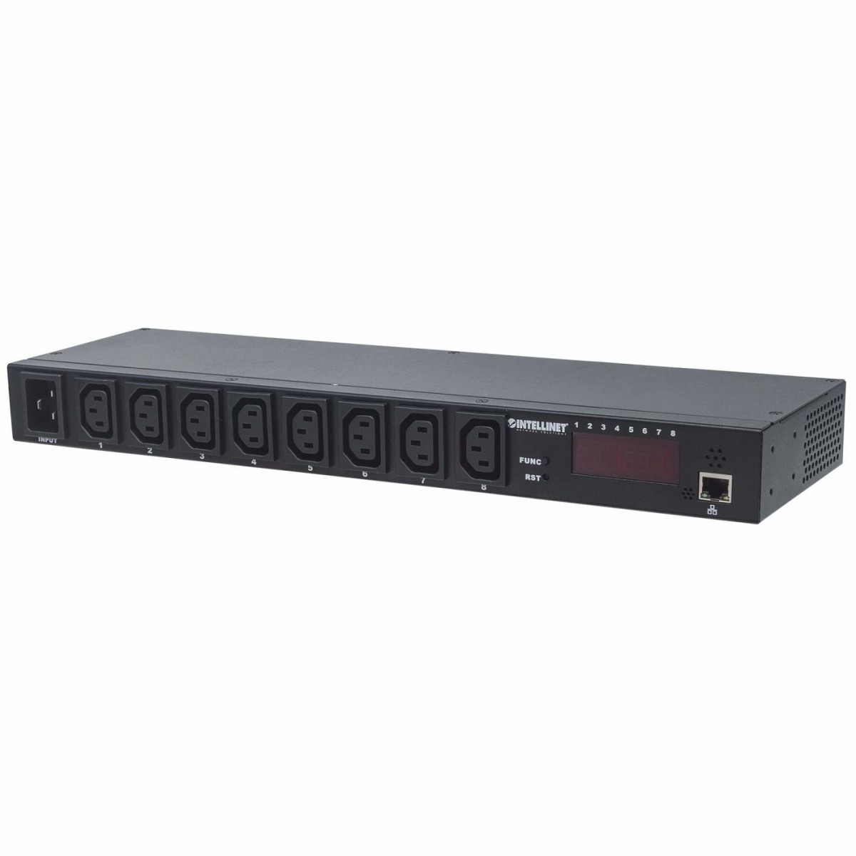 Intellinet 19″ Intelligent 8-Port PDU, 19″ Rackmountable C13 Intelligent Power Distribution Unit; Monitors Power, Temperature and Humidity (Euro 2-pin plug)