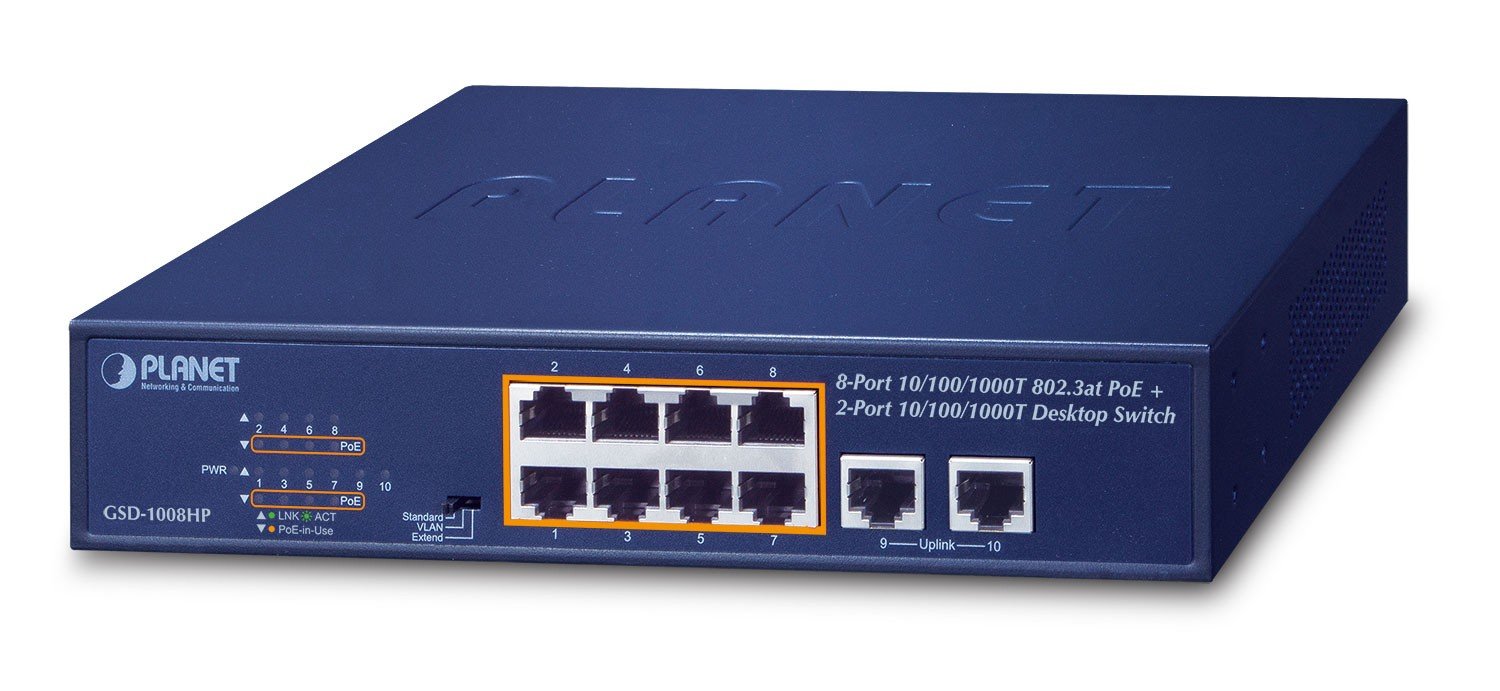 Planet GSD-1008HP 8-Port 10/100/1000T 802.3at PoE + 2-Port 10/100/1000T Desktop Switch (120W PoE Budget, Standard/VLAN/Extend mode, supports PD alive check, 10-