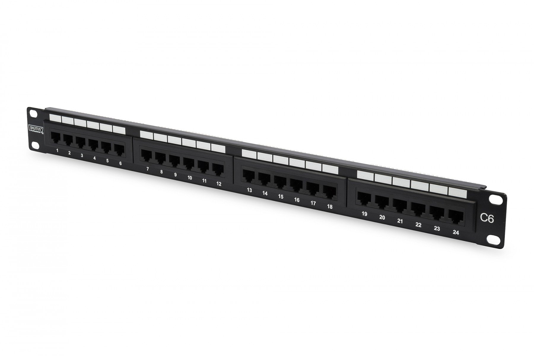 CAT 6 Patch Panel, unshielded, 24-port RJ45 24-port RJ45, 8P8C, LSA, 1U, bl, 482x44x109 mm, black