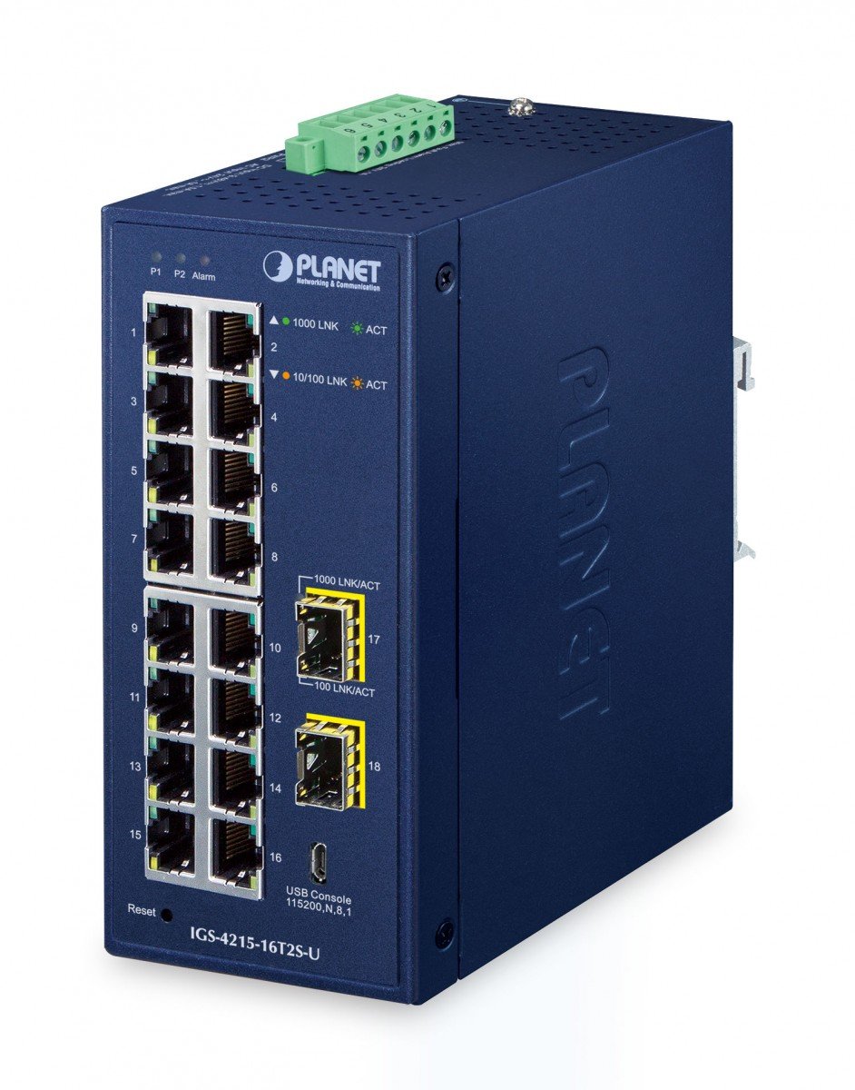 Planet IGS-4215-16T2S-U IP30 Industrial L2/L4 16-Port 10/100/1000T + 2-Port 100/1000X SFP Managed Switch (-40~75 degrees C, dual redundant power input on 9~48VD