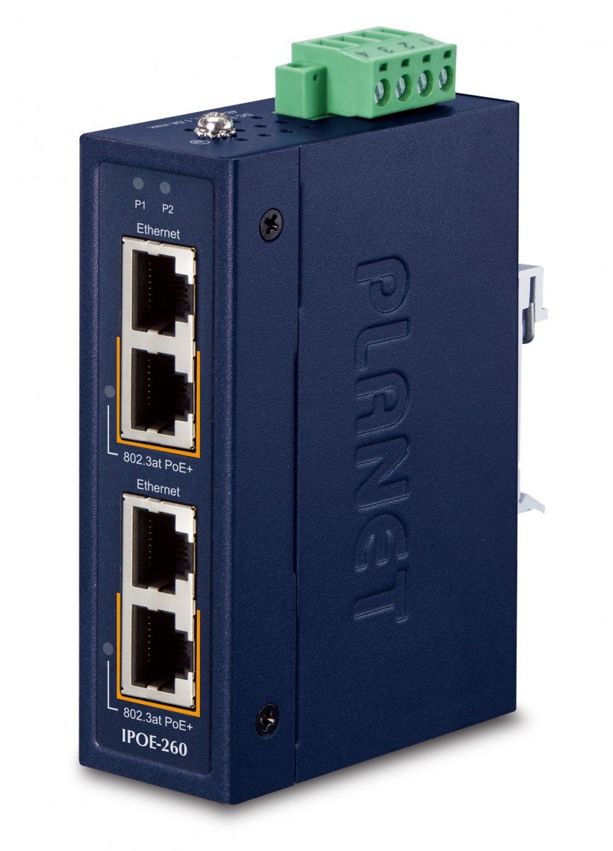Planet IPOE-260 Industrial 2-port 10/100/1000T 802.3at PoE+ Injector (-40~75 degrees C)