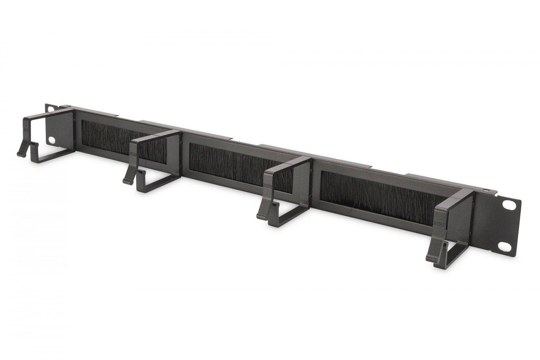 1U cable management panel with brush entries 4x aluminum cable rings 44×60 mm, black (RAL 9005)