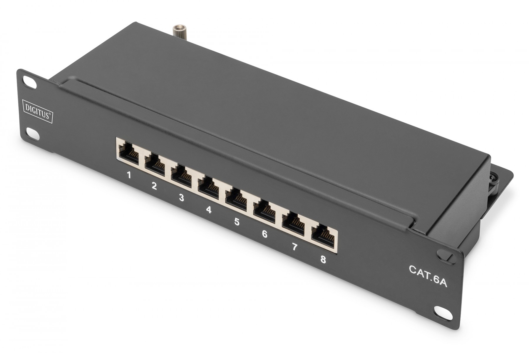 CAT 6A Patch Panel, shielded,8-Port 1U, 10″ rack mount, black RAL 9005