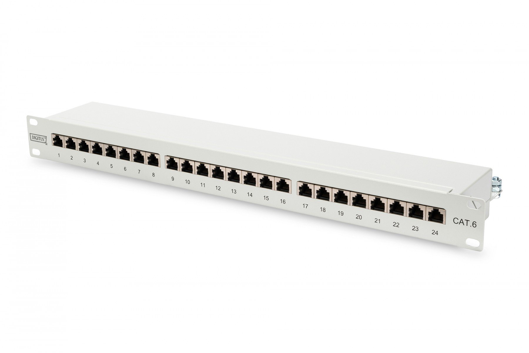 CAT 6 patch panel, shielded, 24-port RJ45, 8P8C, LSA, 1U, rack mount, grey, 482x44x109 mm