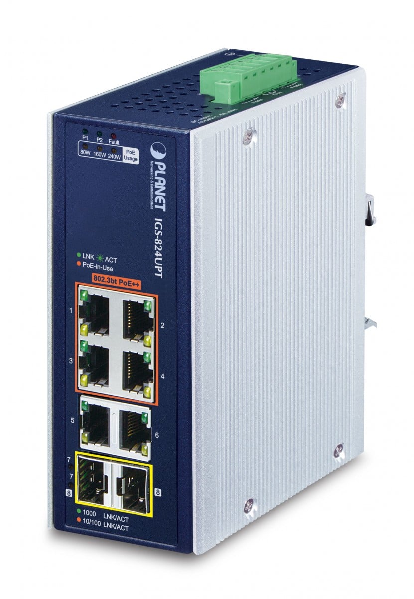 Planet IGS-824UPT IP30 Industrial 4-Port 10/100/1000T 95W 802.3bt PoE + 2-Port 10/100/1000T + 2-Port 100/1000X SFP Gigabit Ethernet Switch(802.3bt Type-4, BT/Le