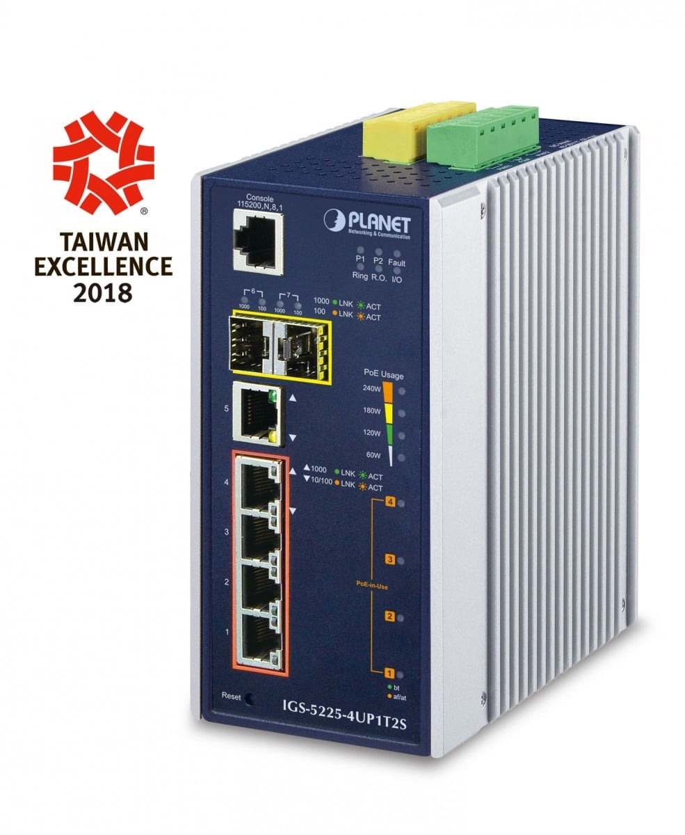 Planet IGS-5225-4UP1T2S IP30 Industrial L2+/L4 4-Port 10/100/1000T 802.3bt PoE + 1-Port 1000T + 2-port 1G/2.5G SFP Full Managed Switch (-40 to 75 C, 4-port 95W