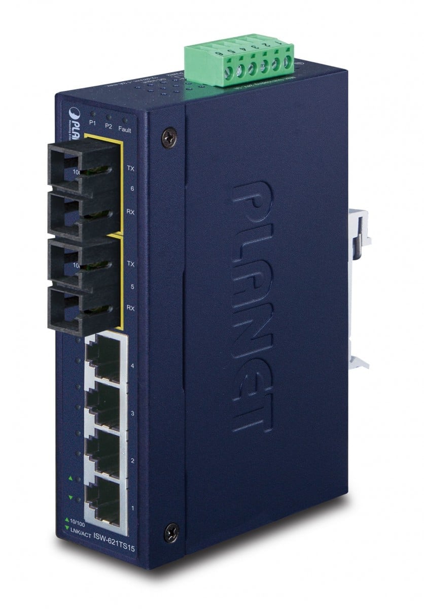 Planet ISW-621TS15 IP30 Slim Type 4-Port Industrial Ethernet Switch + 2-Port 100Base-FX(15KM) (-40 – 75 C)