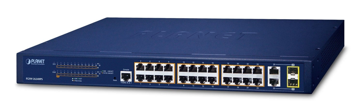 Planet FGSW-2624HPS 24-Port 10/100TX 802.3at PoE +  2-Port Gigabit TP/SFP Combo Managed Ethernet Switch (240W, 250m Extend mode, IPv4/IPv6 Management, SNMPv3, 8