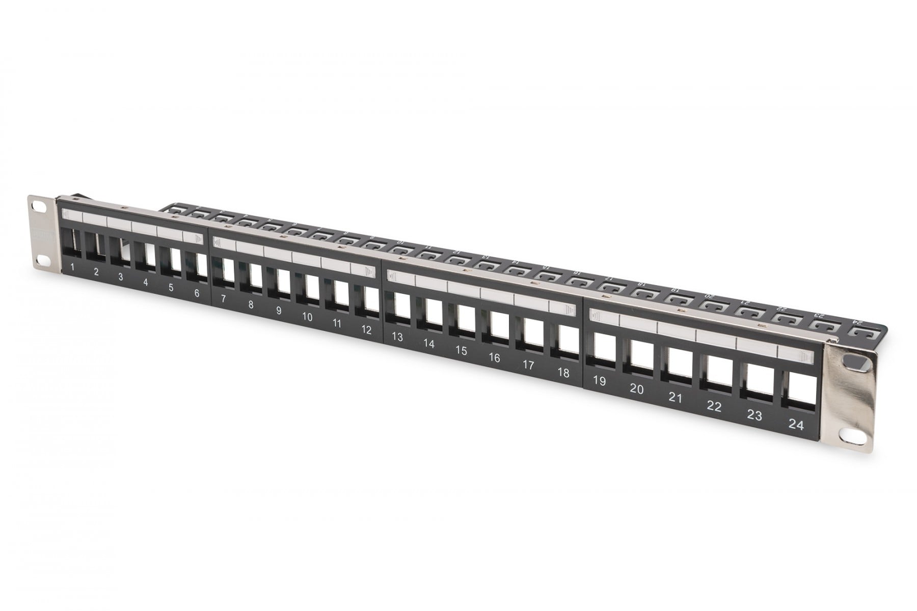 Modular Patch Panel, shielded, 24-port blank, 1U, Rack Mount, transp. label field, black