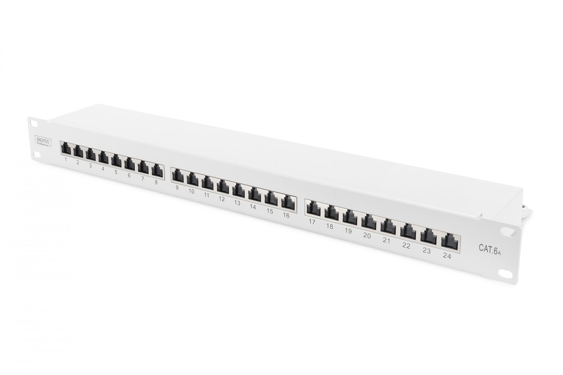 CAT 6A Patch Panel, shielded, 1U, 24-port, 8P8C, grey, 483 mm (19″)