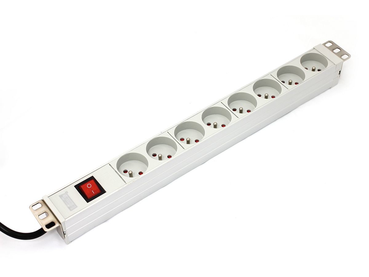 Power Distribution Unit (PDU) for 19″ Rack, 8x Type E sockets, 1.8m, 1x Schuko plug, 16A, on/off switch, aluminum