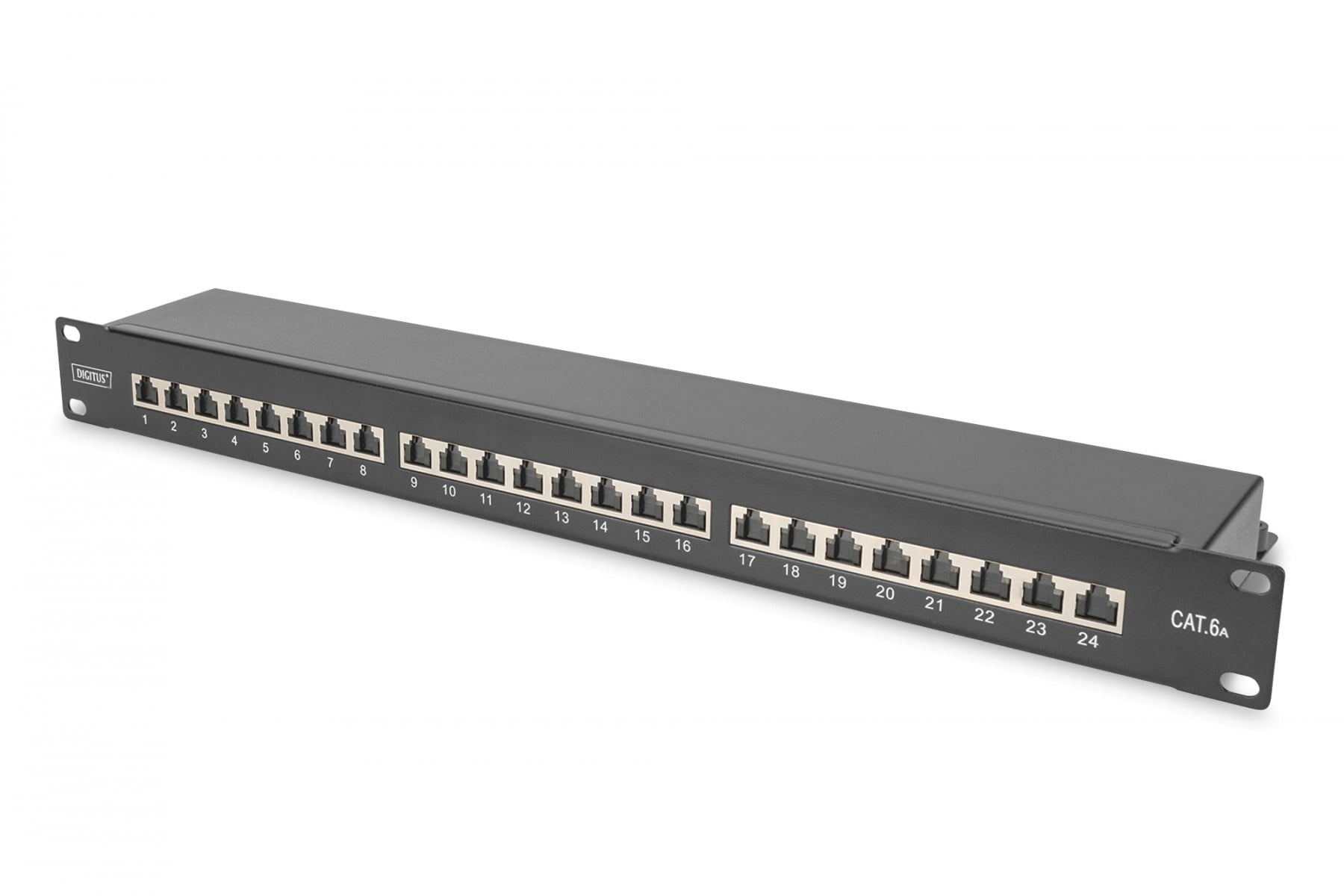 CAT 6A Patch Panel, shielded, 1U, 24-port, 8P8C, bl RAL 9005, 483 mm (19″) / 482.6x44x109