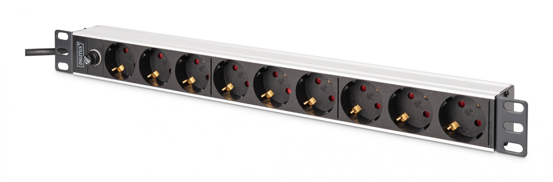 PDU Rack Power Strip 19″ with overload fuse, 9 Schuko CEE 7/3 (45°) sockets, 2m cable, IEC C14 plug, 10A, aluminum