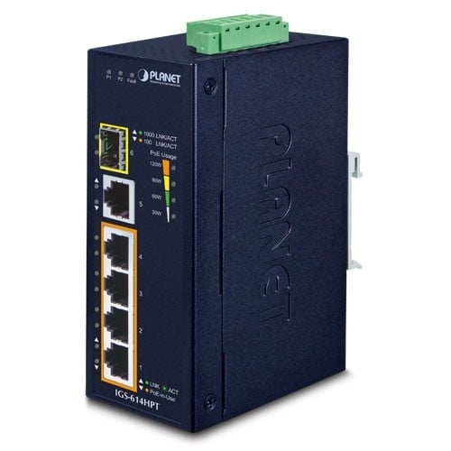Planet IGS-614HPT IP40 Industrial 4-Port 10/100/1000T 802.3at PoE + 1-Port 10/100/1000T + 1-Port 100/1000X SFP Gigabit Ethernet Switch(-40 to 75 C, dual 12V~56V