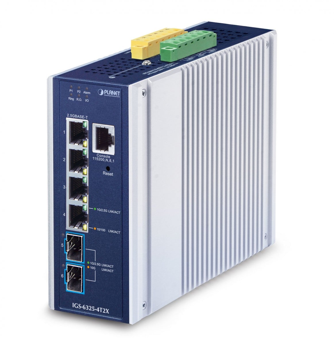 Planet IGS-6325-4T2X IP30 Industrial L3 4-Port 2.5GBASE-T + 2-Port 10GBASE-X SFP+  Managed Ethernet Switch (-40 to 75 C, dual redundant power input on 9~48VDC t