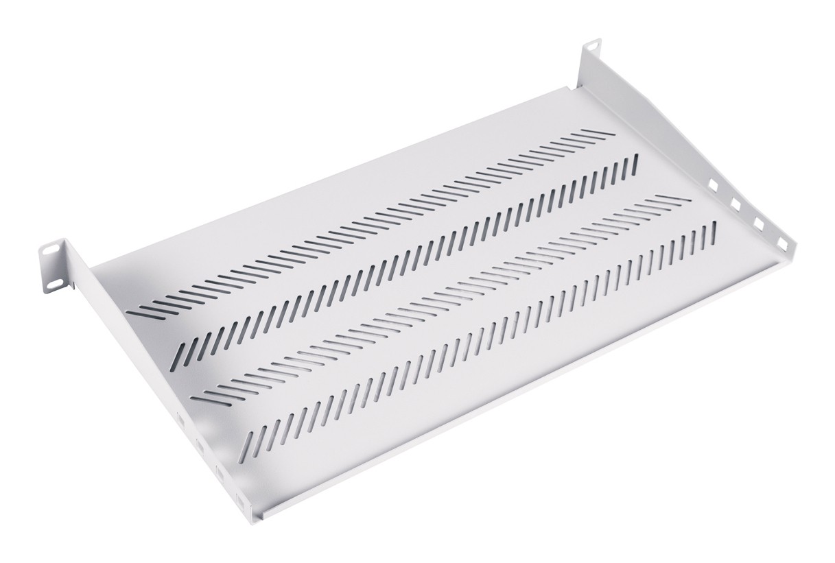 1U fixed shelf 19″, depth 250 mm, load capacity 15 kg, mounting at 2 points, screws included, grey (RAL 7035)