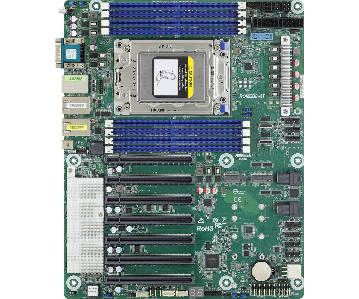 ASRock ROMED8-2T, 1xSKT SP3, AMD EPYC 7000, SoC, SATA, NVMe, 2xM.2, 2x10GbE, IPMI