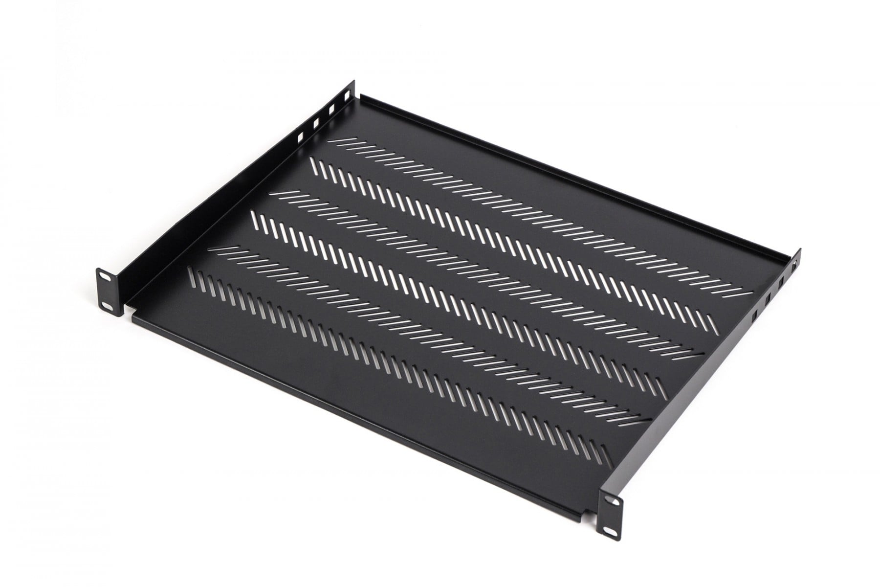 1U fixed shelf 19″, depth 350 mm, load capacity 25 kg, mounting at 4 points, screws and bracket included, black (RAL 9005)