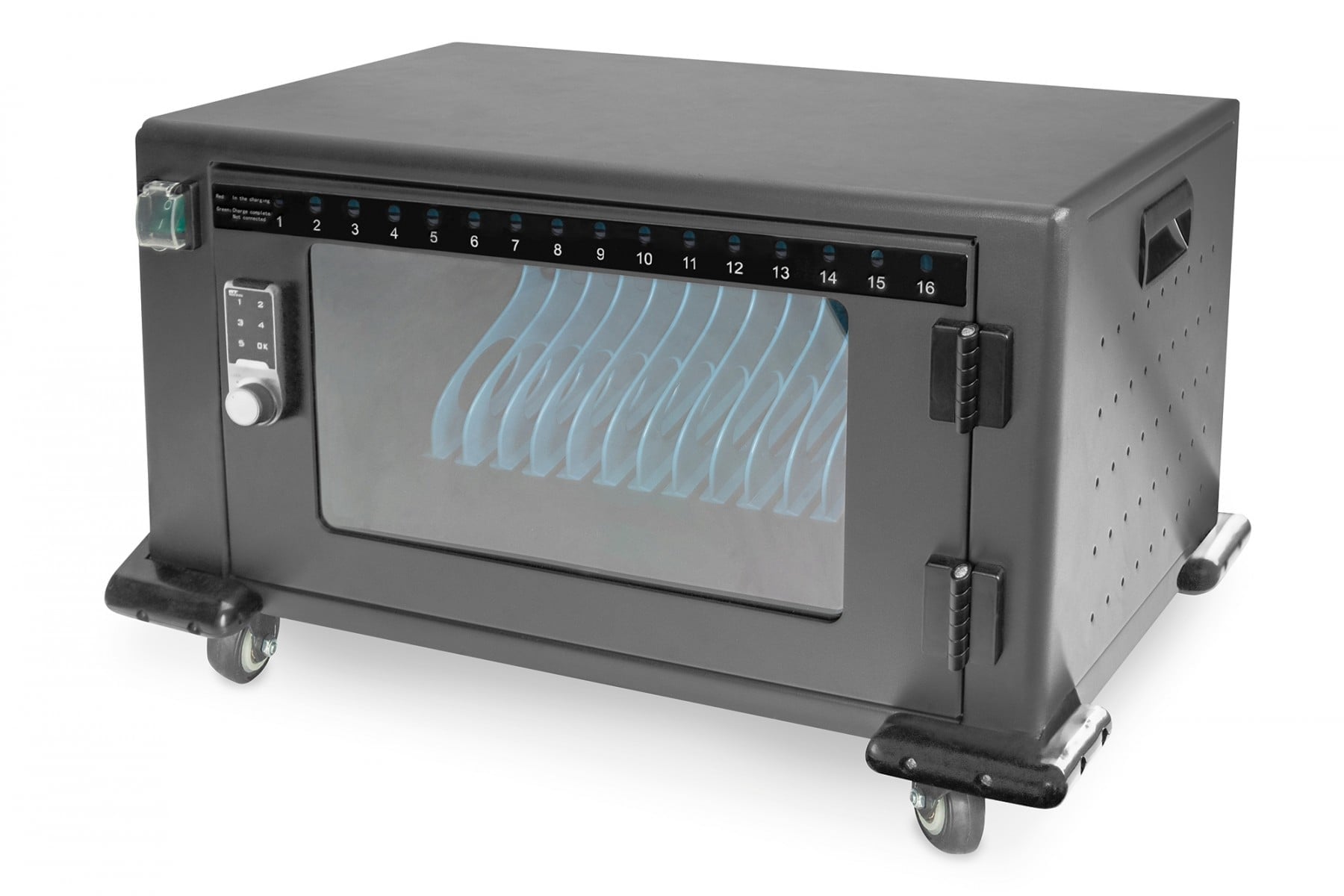 Charging trolley, 14″, USB-A, electronic PIN lock 16 charge bases, fan, 384 x 550 x 375 mm