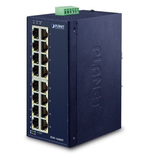 Planet ISW-1600T IP30 Industrial 16-Port 10/100TX Ethernet Switch (-40~75 C, dual redundant power input on 12-48VDC / 24VAC terminal block),UL certified