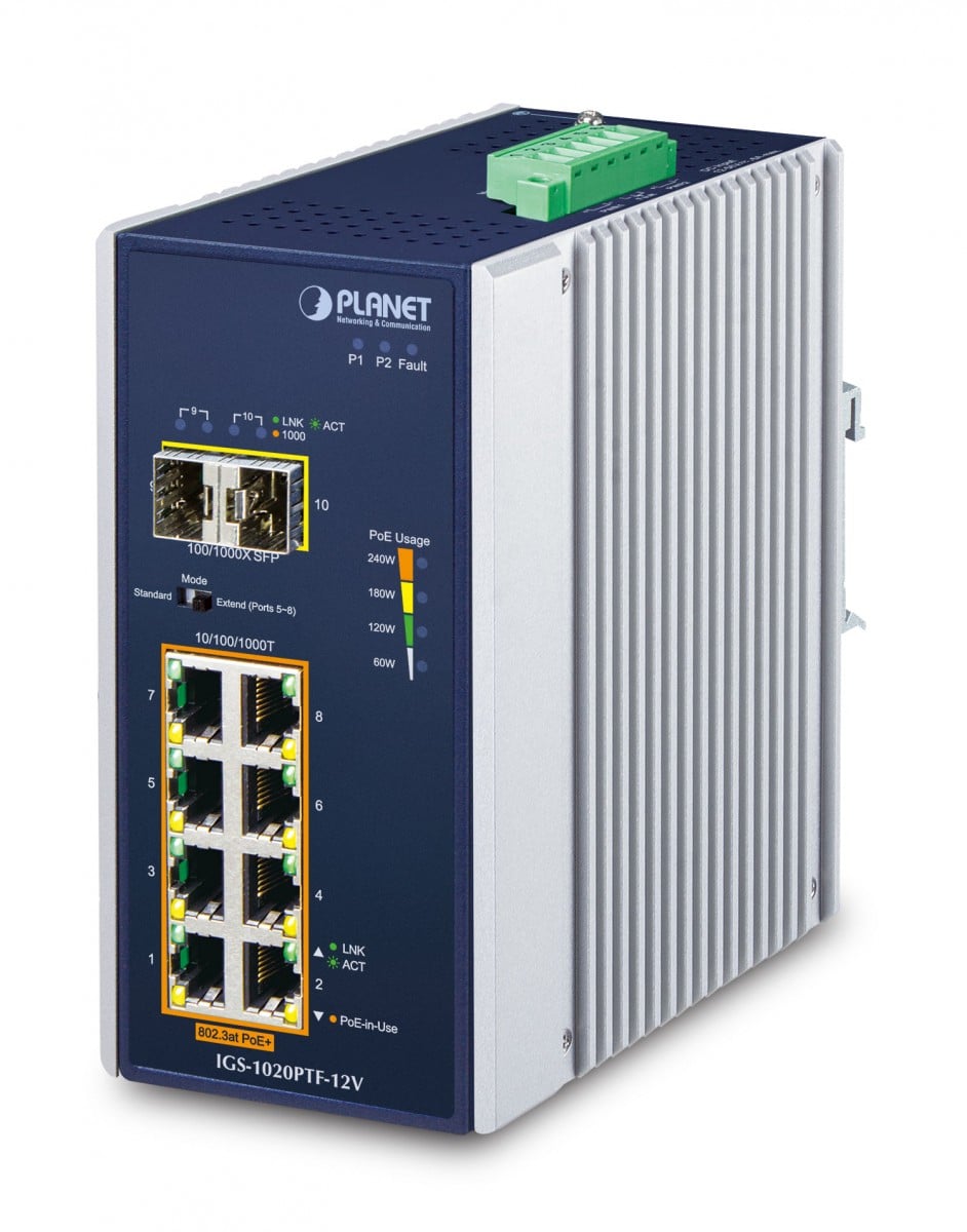Planet IGS-1020PTF-12V IP30 Industrial 8-Port 10/100/1000T 802.3at PoE + 2-Port 100/1000X SFP Ethernet Switch w/ 12V Booster (-40~75 degrees C, 250m Extend mode