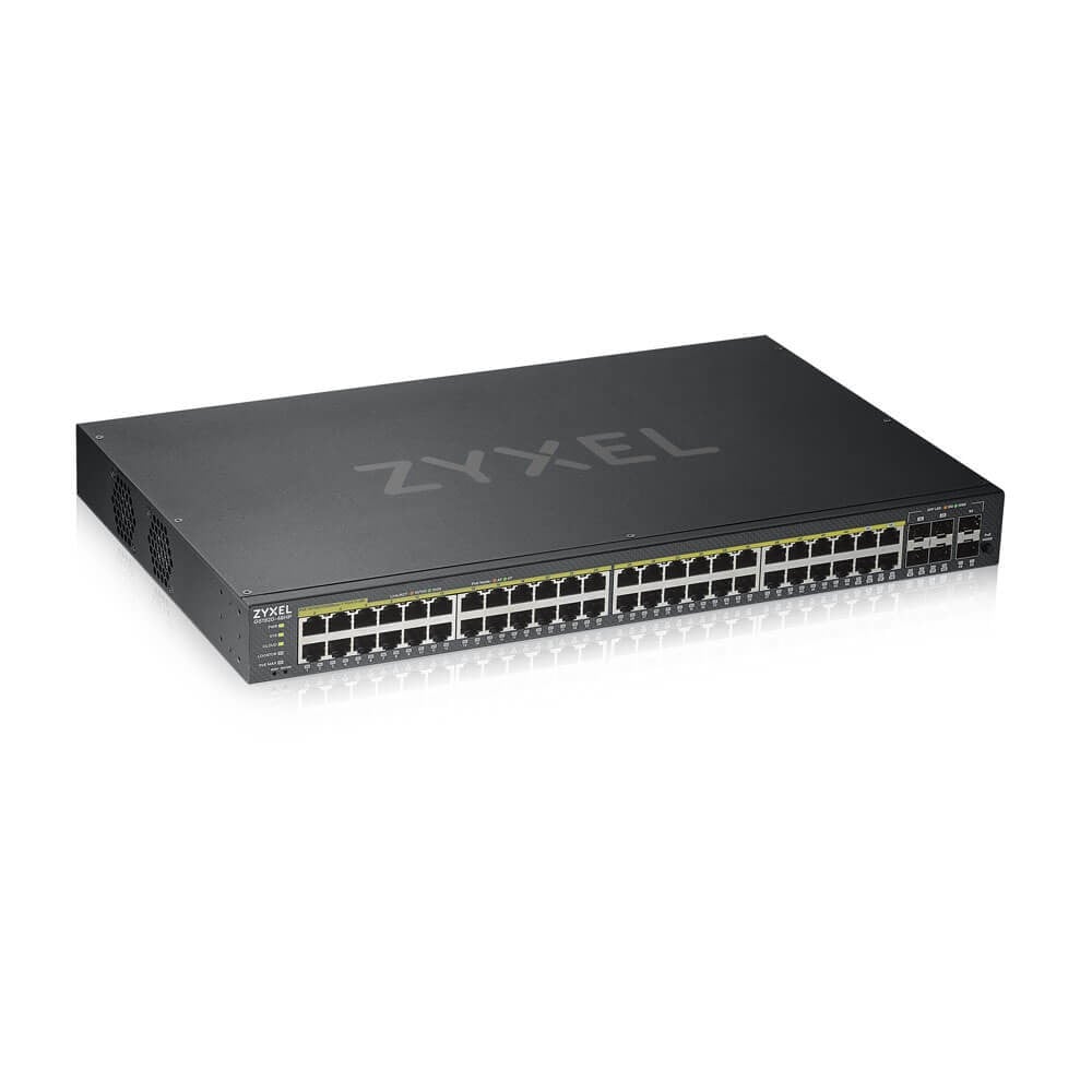 GS1920-48HPv2, 50 Port Smart Managed PoE Switch 44x Gigabit Copper PoE and 4x Gigabit dual pers., hybrid mode, standalone or NebulaFlex Cloud, 375 Watt PoE