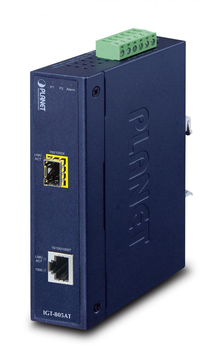 Planet IGT-805AT IP30 Industrial 10/100/1000T to 100/1000X SFP Gigabit Media Converter (-40 to 75 degree C, dual 12~48V DC/24V AC)