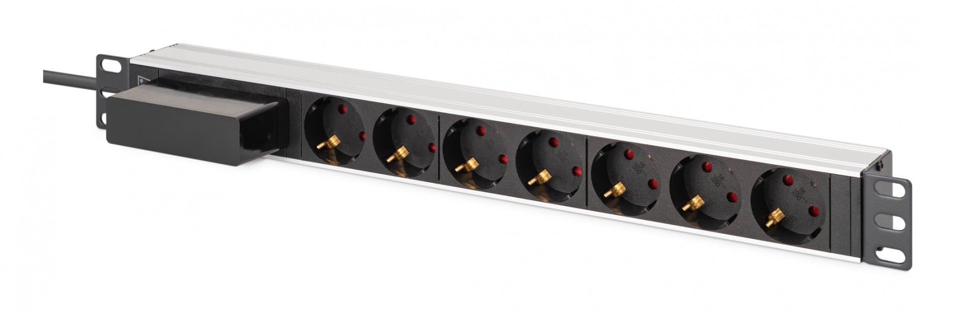 PDU Rack Power Strip 19″ with circuit breaker Type C 16A, 7 Schuko CEE 7/3 (45°) sockets, 1.8m cable, Unischuko CEE 7/7 plug, 16A, aluminum