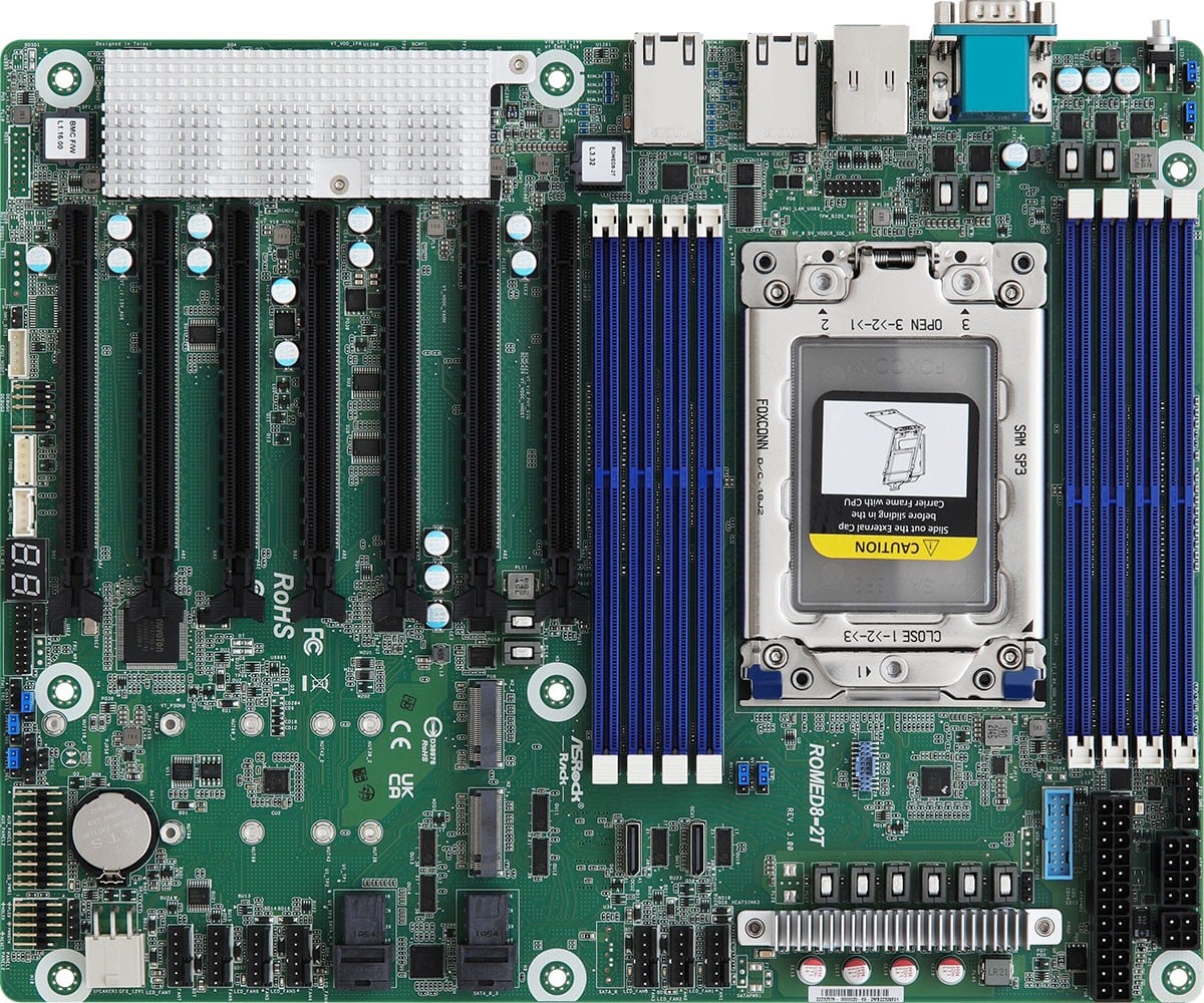ASRock ROMED8-2T/BCM, 1xSKT SP3, AMD EPYC 7000, SoC, SATA, NVMe, 2xM.2, 2x10GbE Broadcom, IPMI