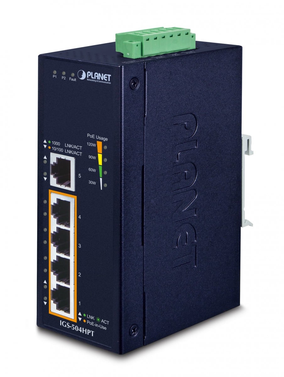 Planet IGS-504HPT IP40 Industrial 4-Port 10/100/1000T 802.3at PoE + 1-Port 10/100/1000T Gigabit Ethernet Switch(-40 to 75 C, dual 12V~56V DC power boost, PoE Us