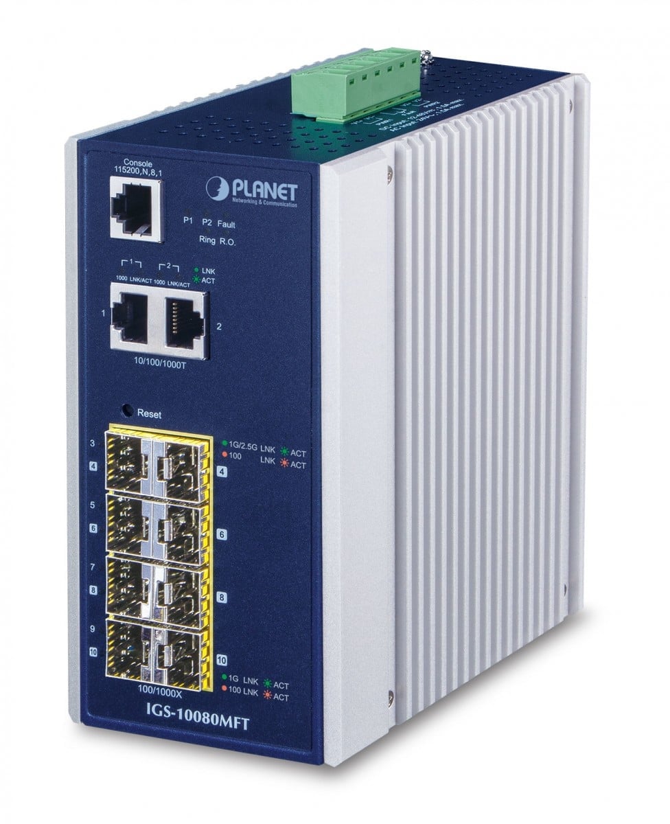 Planet IGS-10080MFT IP30 Industrial 6* 100/1000X SFP + 2* 1G/2.5G SFP + 2*10/100/1000T Full Managed Ethernet Switch (-40 to 75 degree C, dual redundant power in