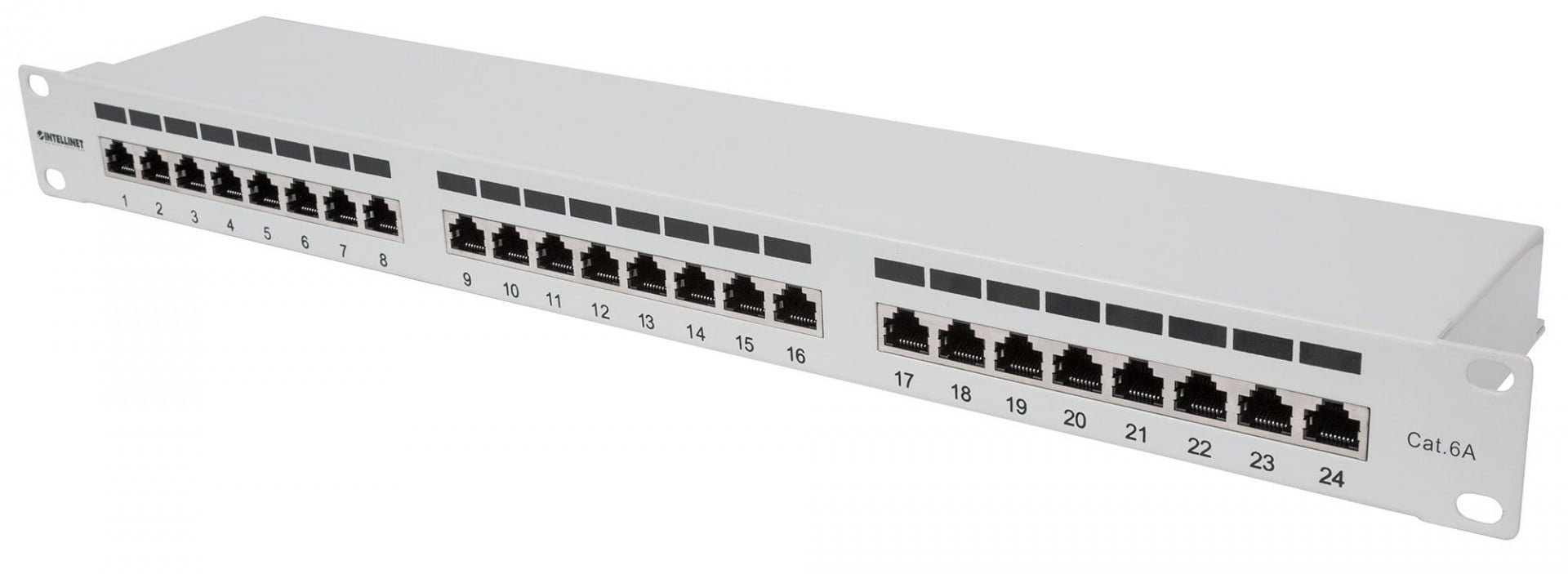 INTELLINET Cat6a Shielded Patch Panel 24-Port FTP 1 U 90 degree Top-Entry Punch-Down Blocks Grey