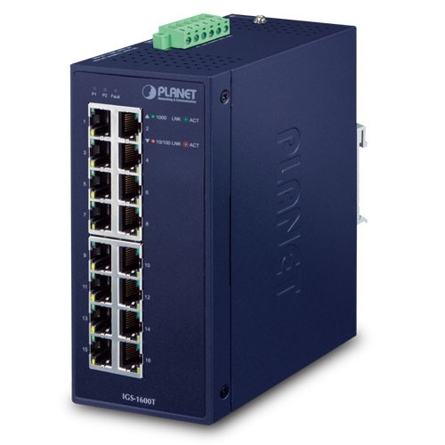 Planet IGS-1600T IP30 Industrial 16-Port 10/100/1000T Gigabit Ethernet Switch (-40~75 degrees C, dual 12~48V DC/24V AC),UL certified
