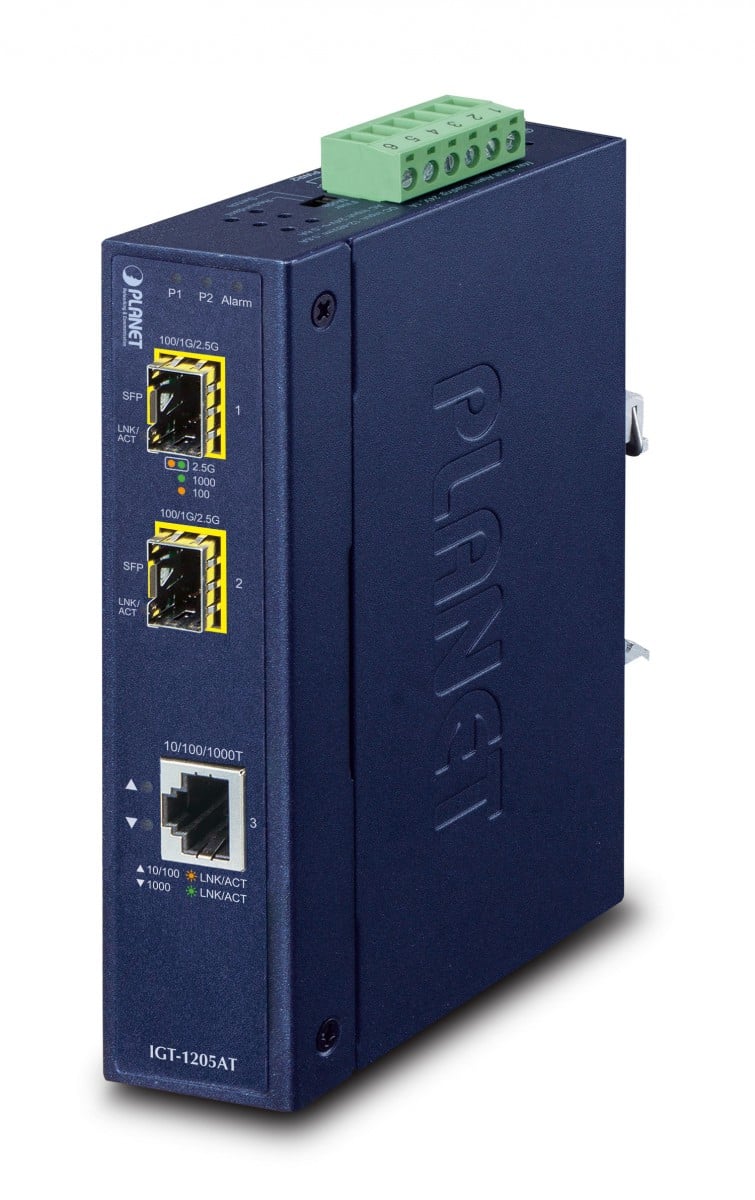 Planet IGT-1205AT IP30 Industrial 1-port 10/100/1000T to 2-port 100/1000/2500X SFP Media Converter(-40 to 75 degree C, dual 12~48V DC/24V AC, Fiber ports Switch