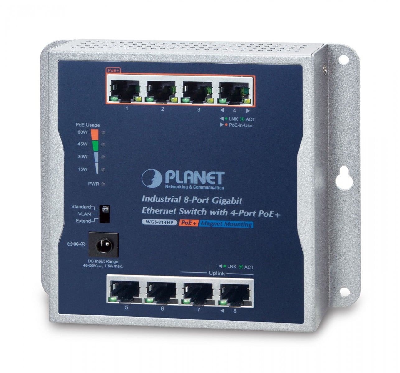 Planet WGS-814HP IP30 Industrial 8-Port 10/100/1000T Wall-mount Gigabit Switch with 4-Port 802.3at PoE+  (60W PoE Budget, Standard/VLAN/Extend mode, fanless, -2