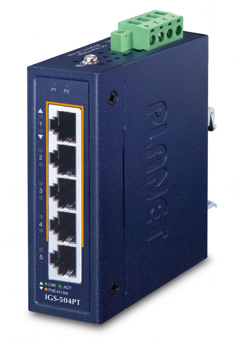 Planet IGS-504PT IP30 Compact size 4-Port 10/100/1000T 802.3at PoE + 1-Port 10/100/1000T Gigabit Ethernet Switch (-40~75 degrees C, dual 48~54V DC)