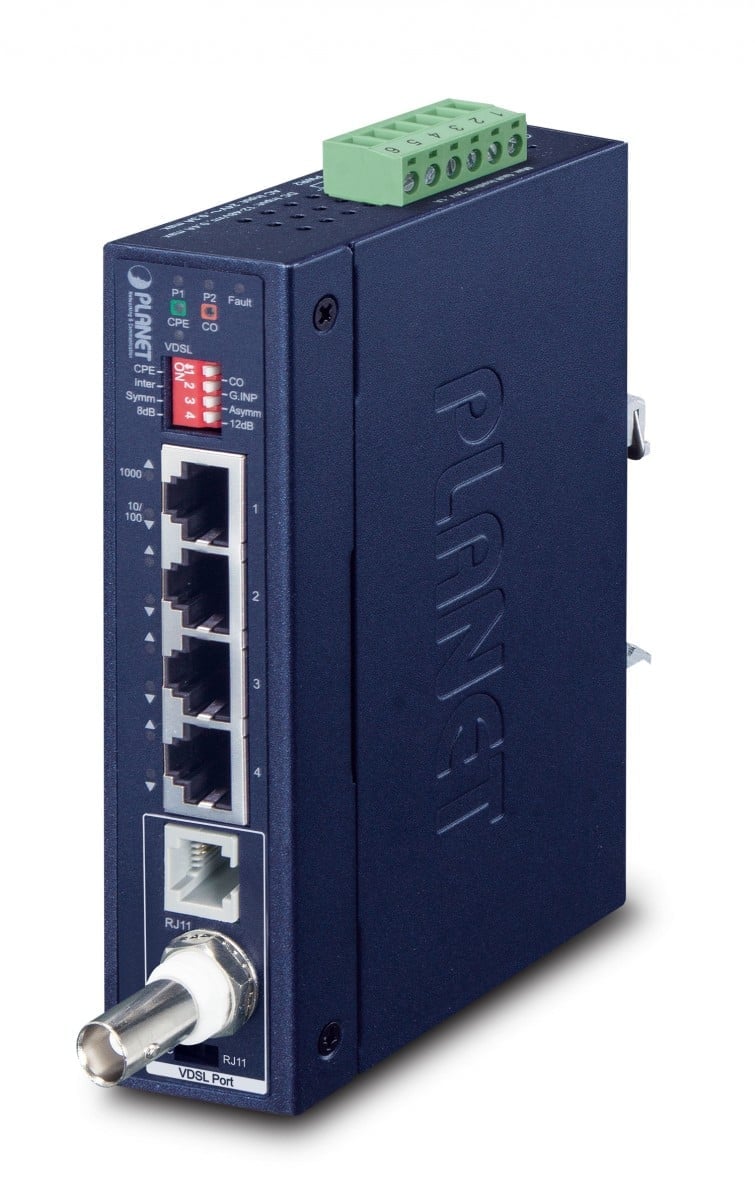 Planet IVC-234GT IP30 Industrial Gigabit Ethernet Extender w/ G.vectoring, 4-Port 10/100/1000T RJ45 (LAN), 1-Port BNC, 1-Port RJ11 (-40 to 75C)