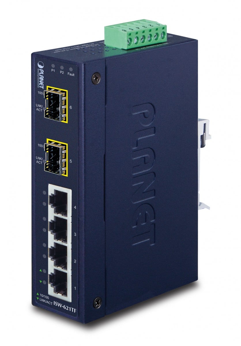 Planet ISW-621TF IP30 Slim Type 4-Port Industrial Ethernet Switch + 2-Port SFP Fiber (-40 – 75 C)