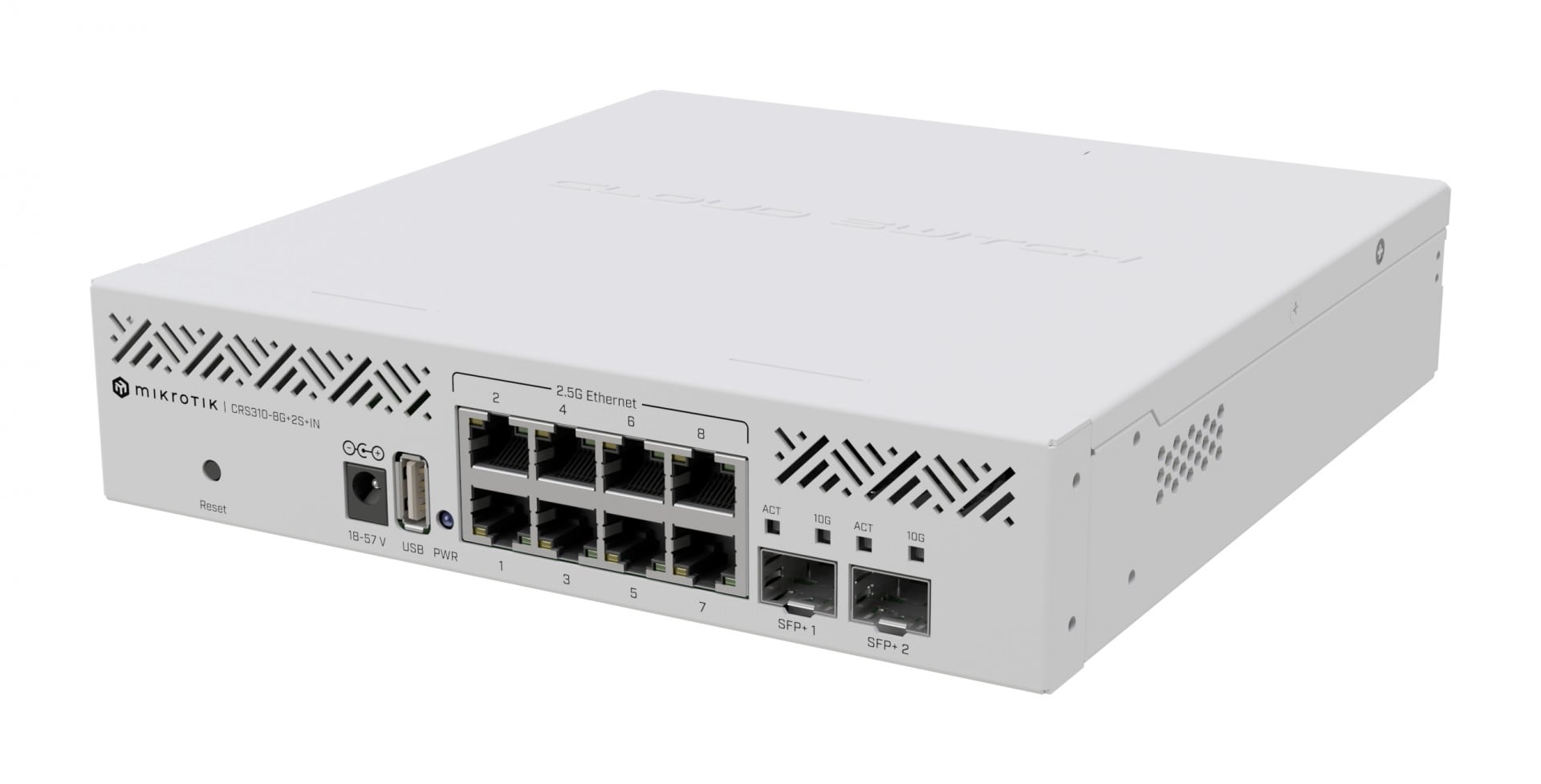 MikroTik Cloud Router Switch 310-8G+2S+IN with 800 Mhz CPU, 256 MB RAM, 8 x 2.5Gigabit Ethernet ports, 2 x SFP+ cages , RouterOS L5, desktop enclosure, rackmoun