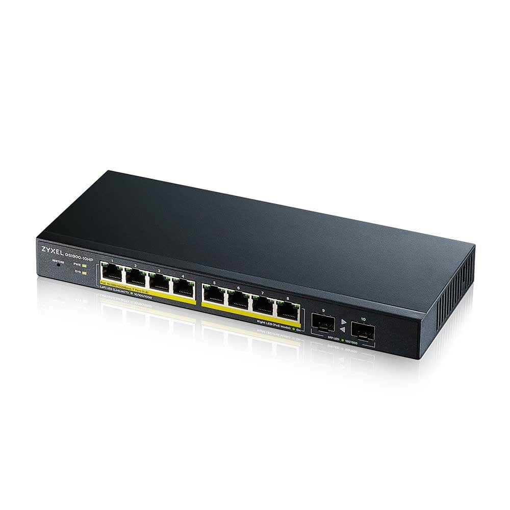Zyxel GS1900-10HP v2, 8-port GbE L2 PoE Smart Switch + 2 SFP slots, 802.3at, desktop, fanless, 70 Watt