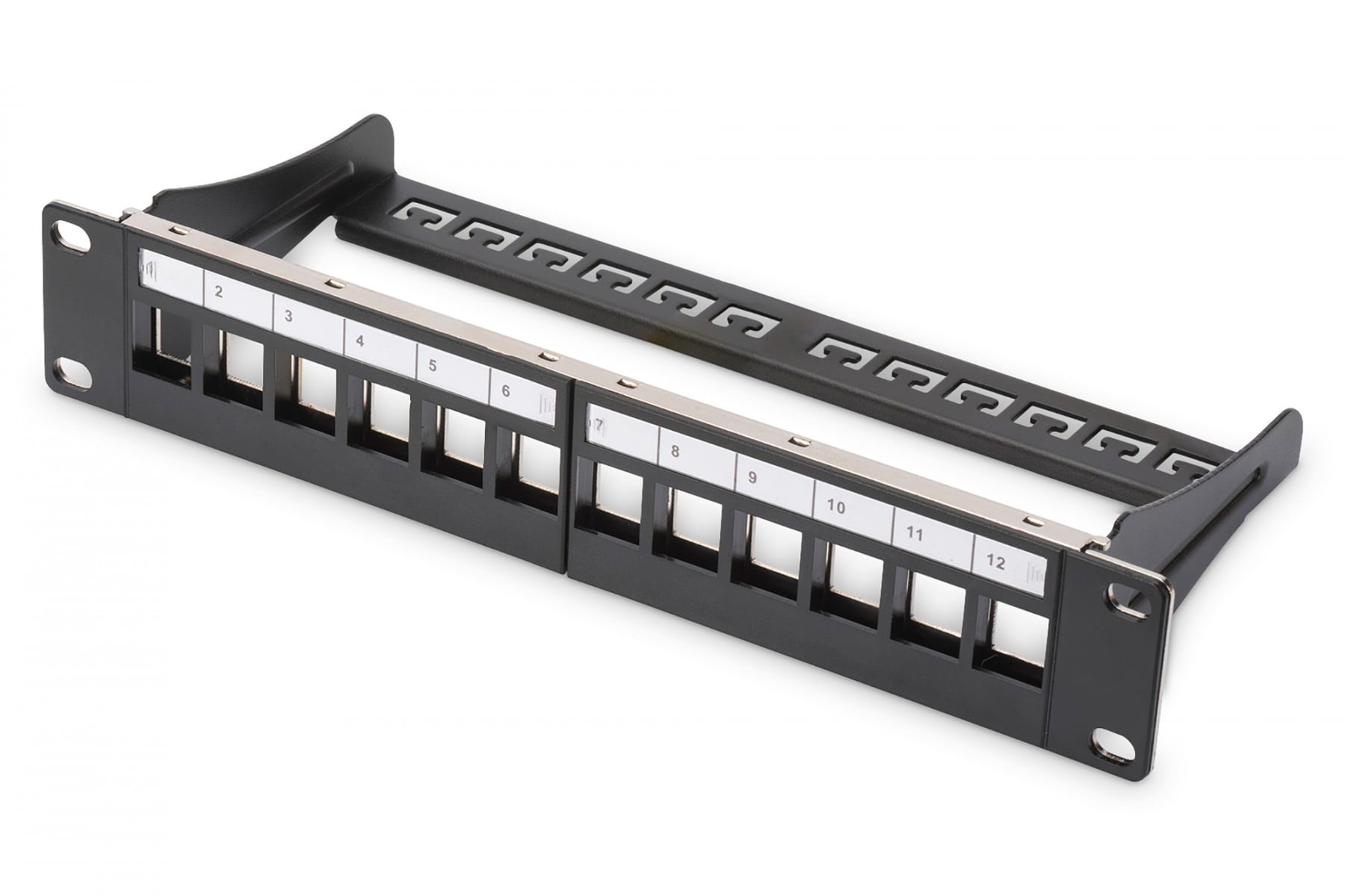 Modular Patch Panel, shielded, 12-Port Blank,1U,254mm (10″) Rack Mount, black RAL 9005