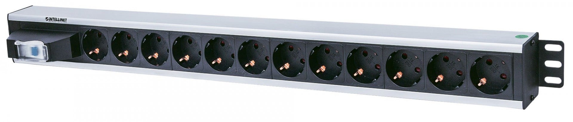 Intellinet Vertical Rackmount 12-Way Power Strip – German Type, With Single Air Switch, No Surge Protection (Euro 2-pin plug)