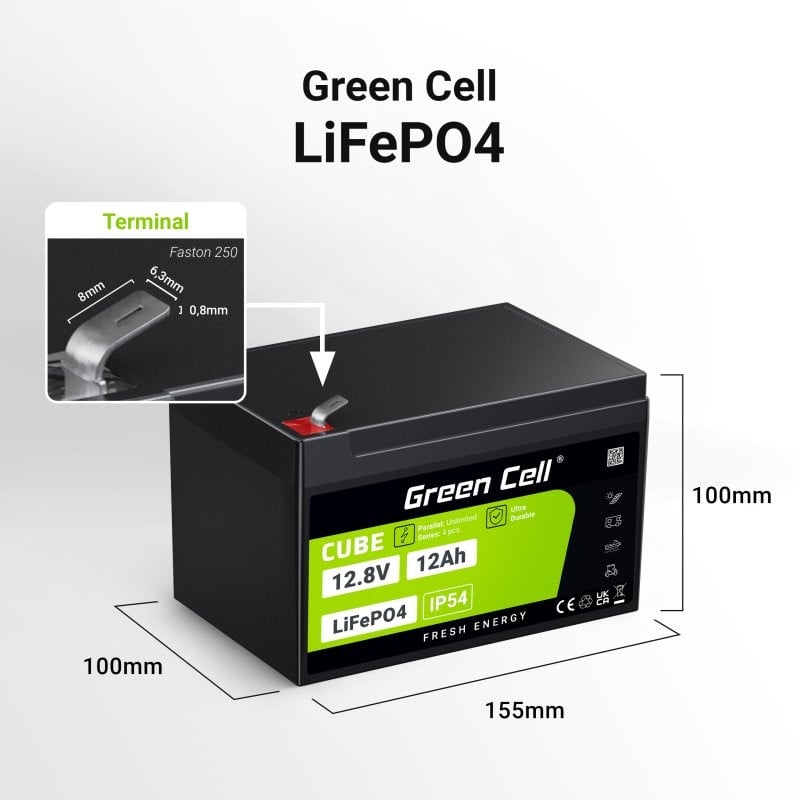 Green Cell LFPGC12V12AH CUBE Battery LiFePO4 12Ah 12.8V 153.6Wh Lithium Iron Phosphate for Wheelchair, Toys, Scooter - Slika 2
