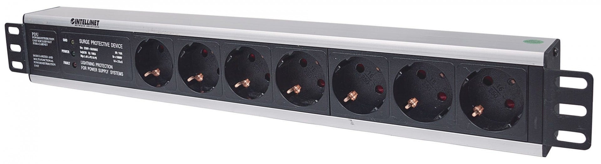 Intellinet 19″ 1.5U Rackmount 7-Way Power Strip – German Type”, With Surge Protection, 3m Power Cord (Euro 2-pin plug)