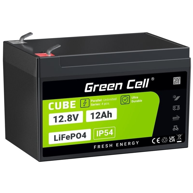 Green Cell LFPGC12V12AH CUBE Battery LiFePO4 12Ah 12.8V 153.6Wh Lithium Iron Phosphate for Wheelchair, Toys, Scooter