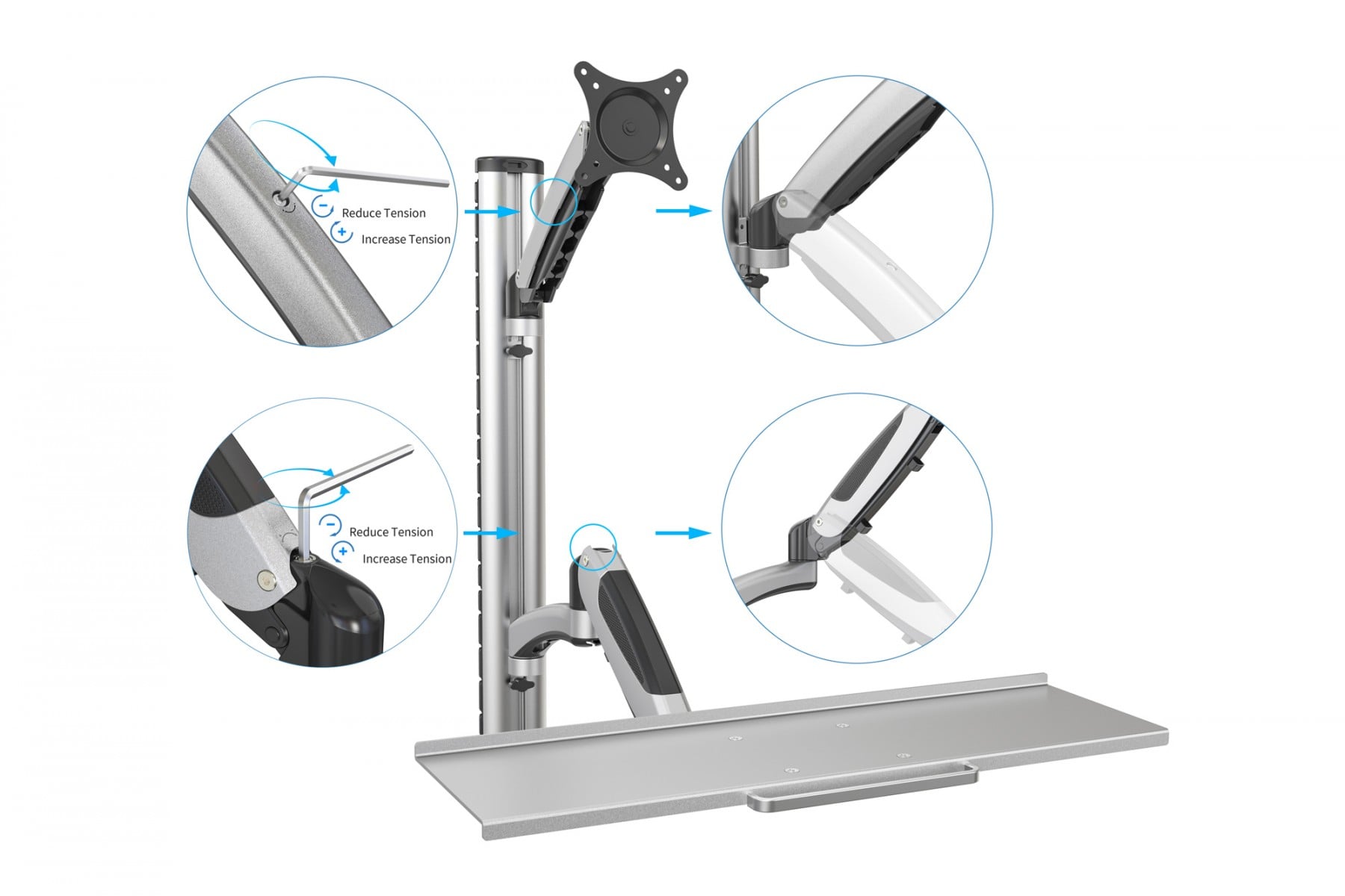 Workstation (Monitor, Keyboard) Wall Mount 27 inch, 6 kg, VESA 75x75, 100x100, silver - Slika 5