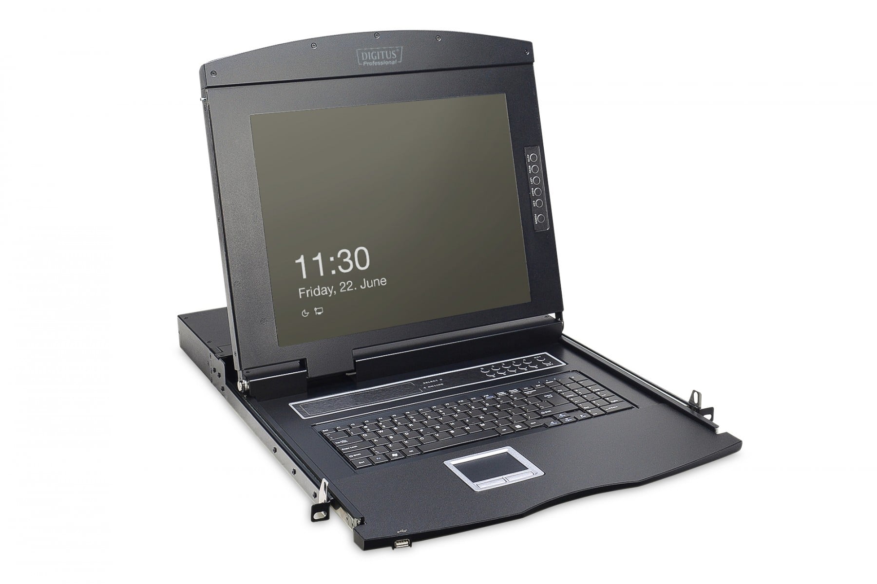 Modularized 43,2cm (17″) TFT console with 8 port KVM, US keyboard, black (RAL 9005)
